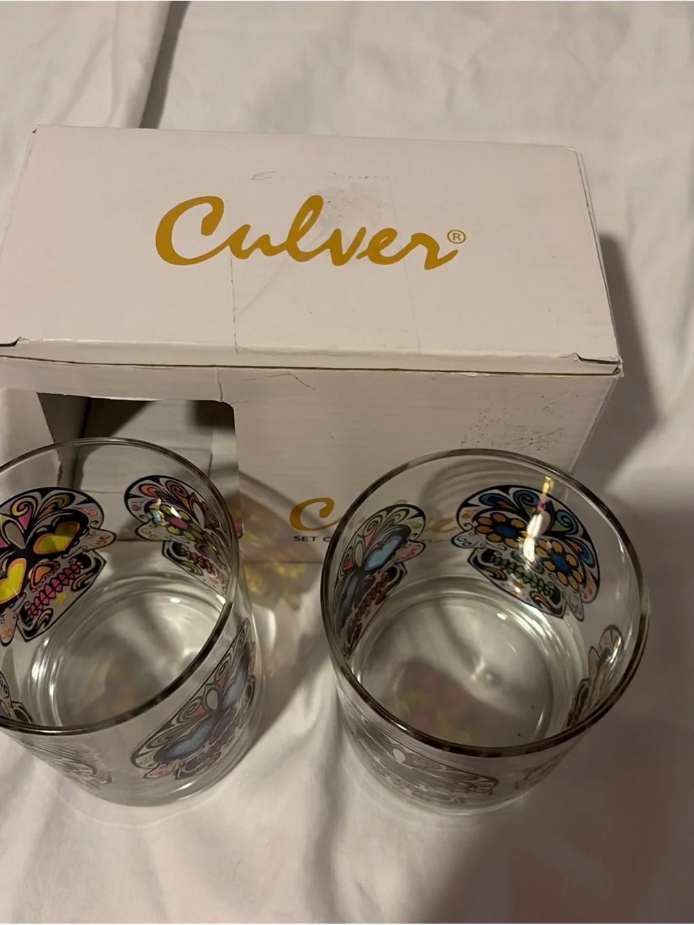 Set of 2 Culver Sugar Skull Day Of The Dead Glasses New In Box